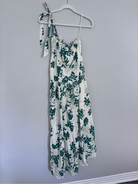fab'rik White One-Shoulder Floral Maxi Dress with Green Print